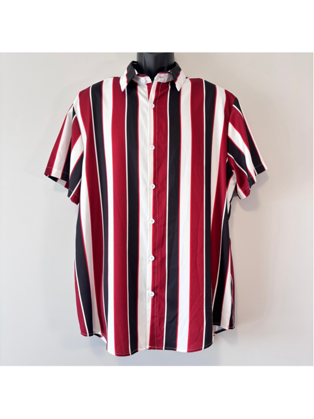 SHEIN Men's XL Red White & Black Vertical Striped Button Front Casual Shirt NIB